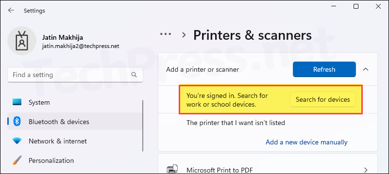 Click Search for devices to list cloud printers