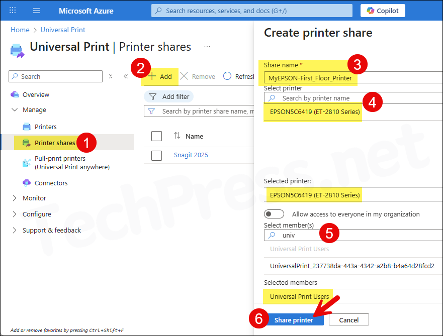 Change the name of Print Share in Universal Print