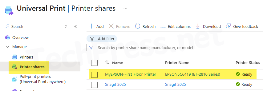 Shared Printers list on Universal Print
