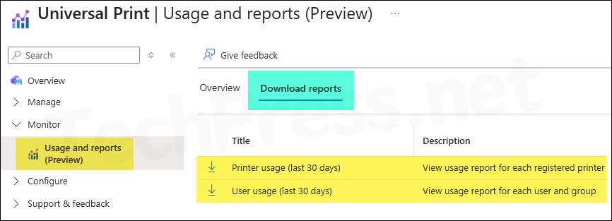 Monitoring Universal Print Download reports tab