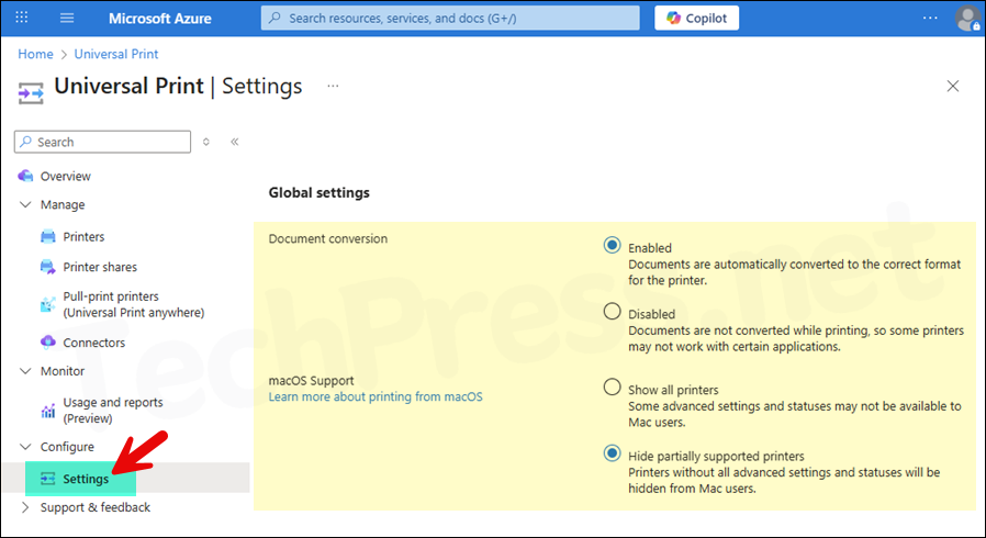 Universal Print Global Settings