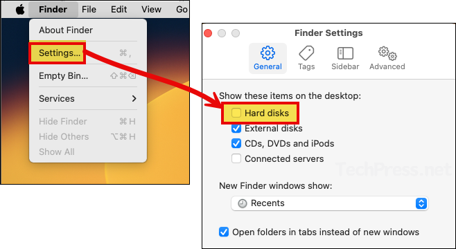Show Hard disks using Finder App settings on Mac