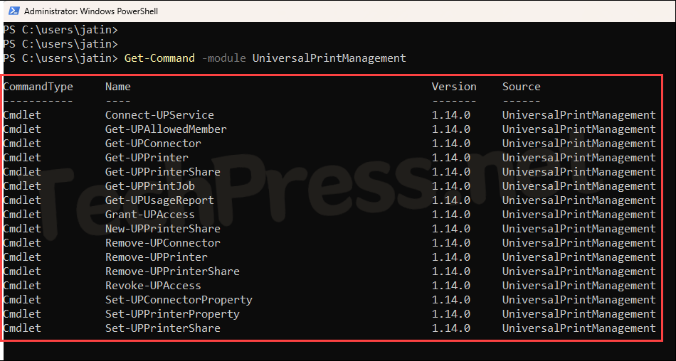 Cmdlets in UniversalPrintManagement PowerShell Module