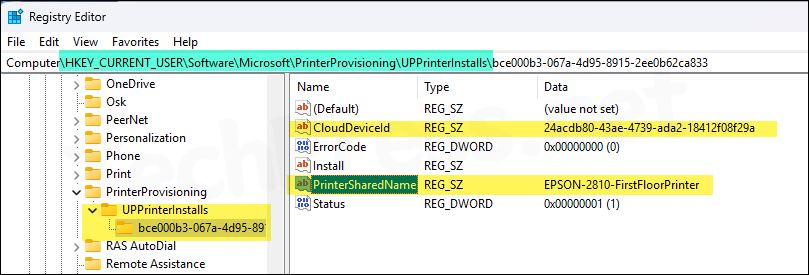 UPPrinterInstalls registry key for Universal Print Printer