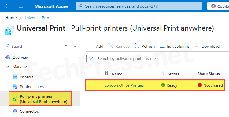 Universal Print Anywhere Pull Print Printer showing Not shared