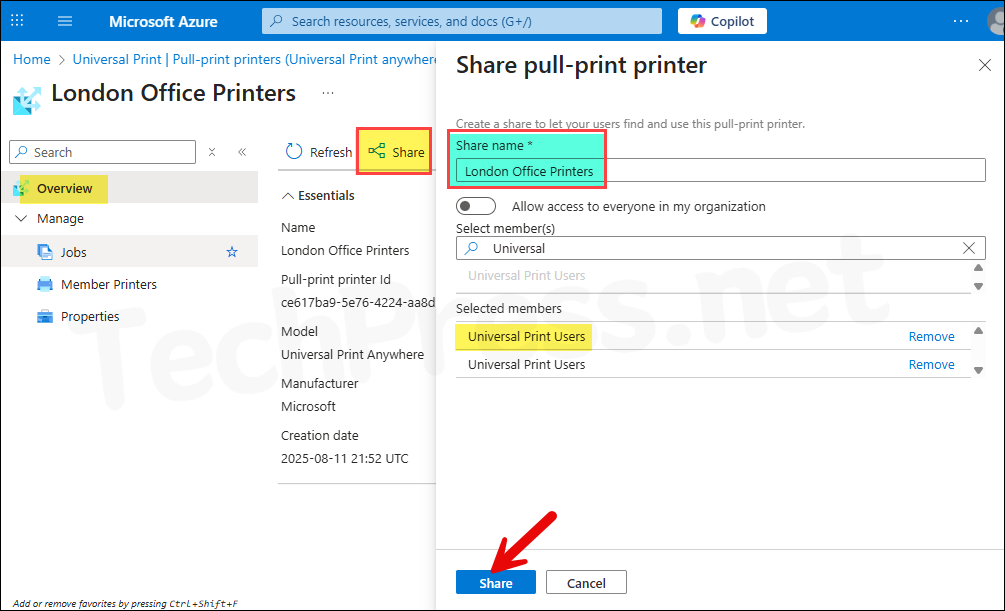 Click on Share next to Universal Print Anywhere Pull Print Printer 