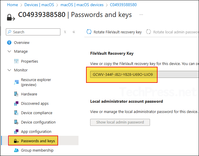 View FileVault Recovery key on Intune Portal