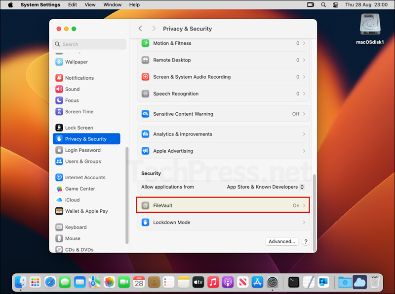 FileVault Status On in System Settings