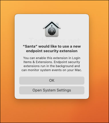 Approve Santa System Extensions popup