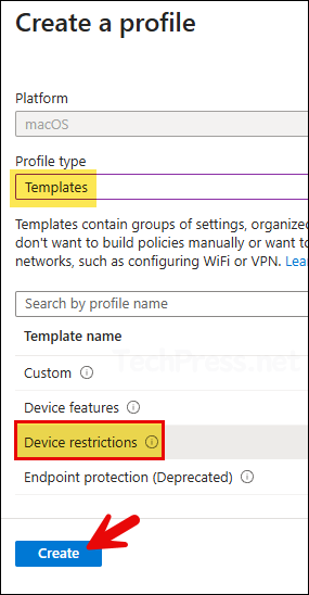 Use Device restrictions intune template
