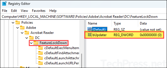 bUpdate registry item created on Windows 11 device