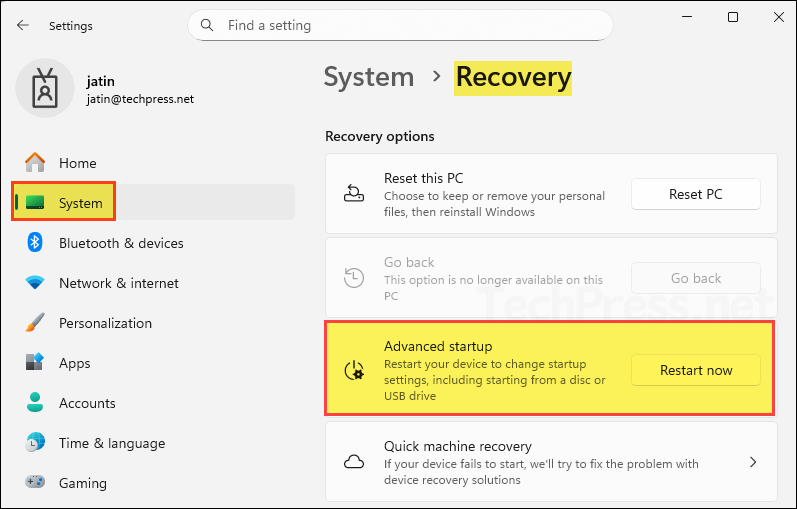 Click Restart now next to Advanced startup