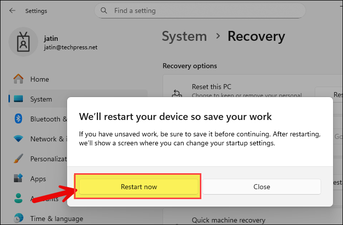 Click Restart now