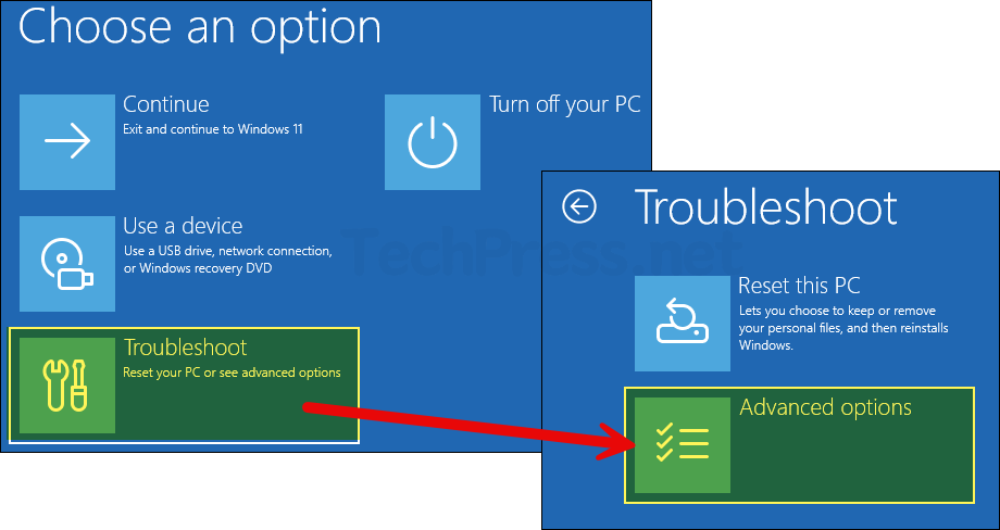 Advanced options in WinRE
