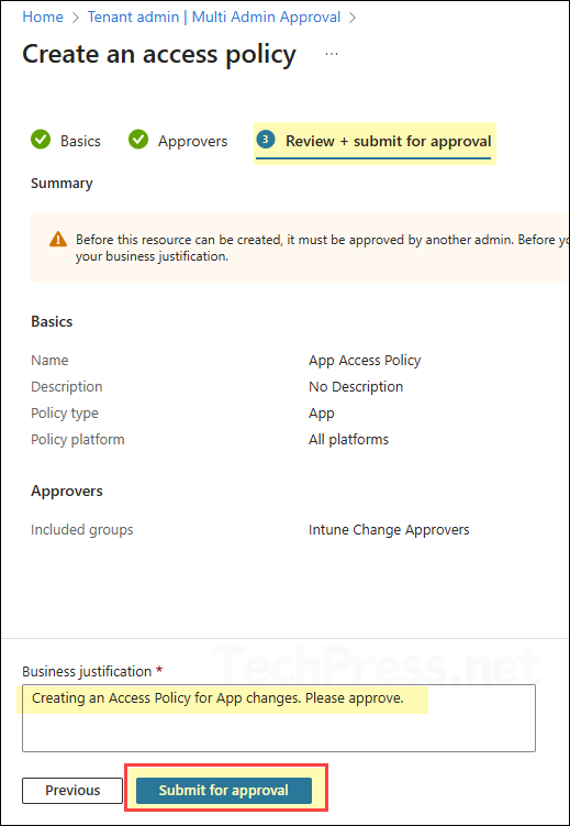 Review and Submit the policy for approval