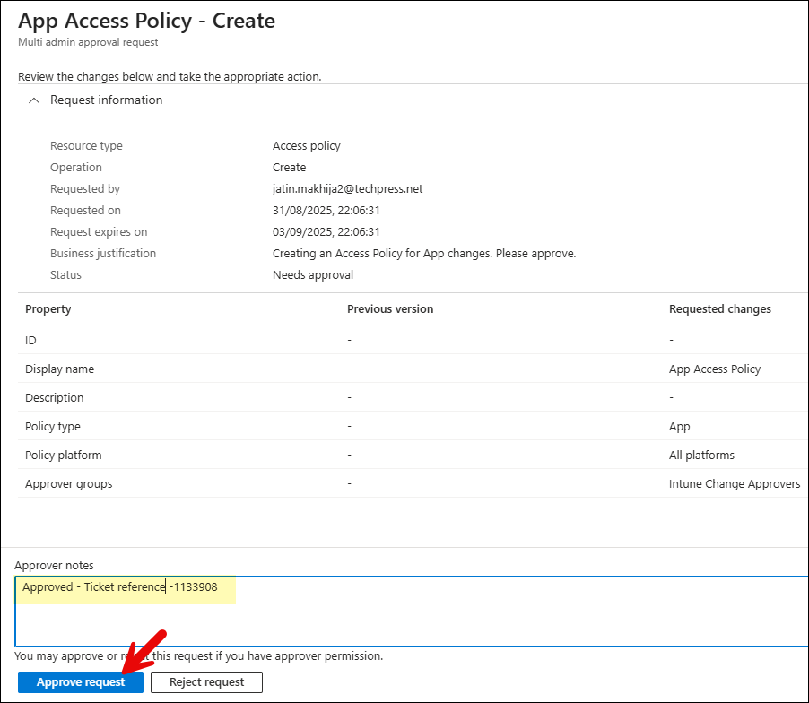 Provide Approver notes and Approve the request
