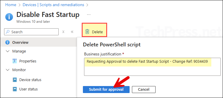 Demo to delete a Script requires business justification