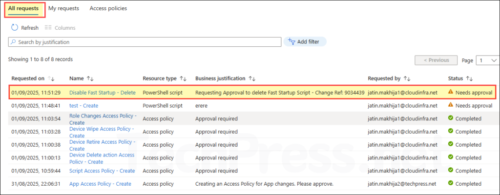 Needs Approval status for delete script action