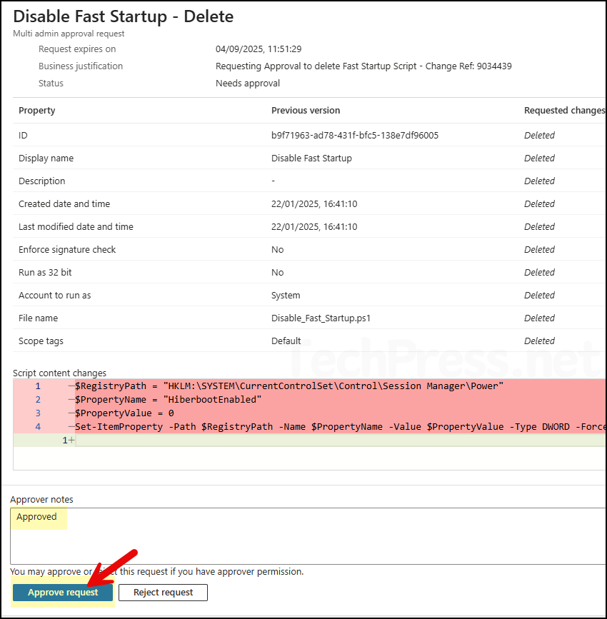 Provide Approver Notes and take action on the request
