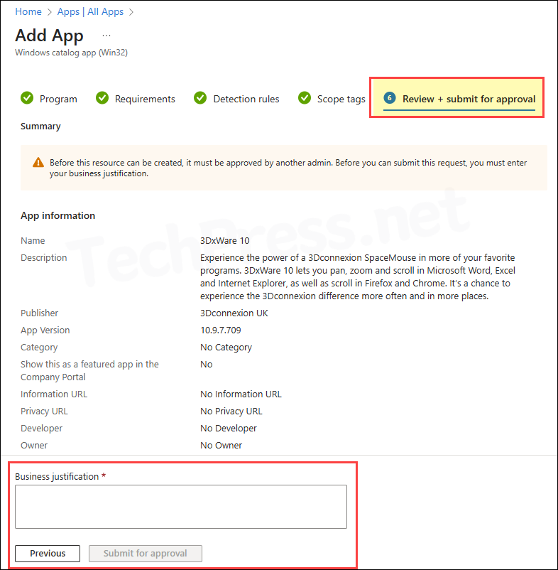 Review + submit for approval tab