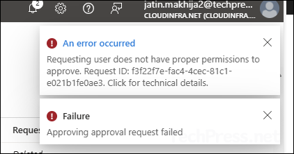 Requesting user does not have proper permissions to approve