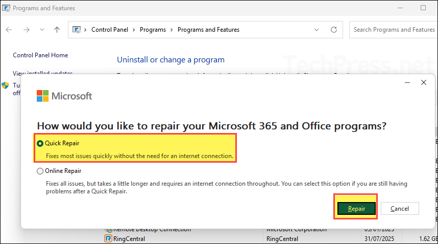 Microsoft 365 quick repair