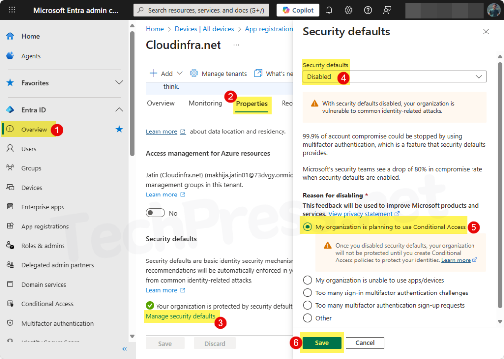 Disable Security Defaults using Entra admin center