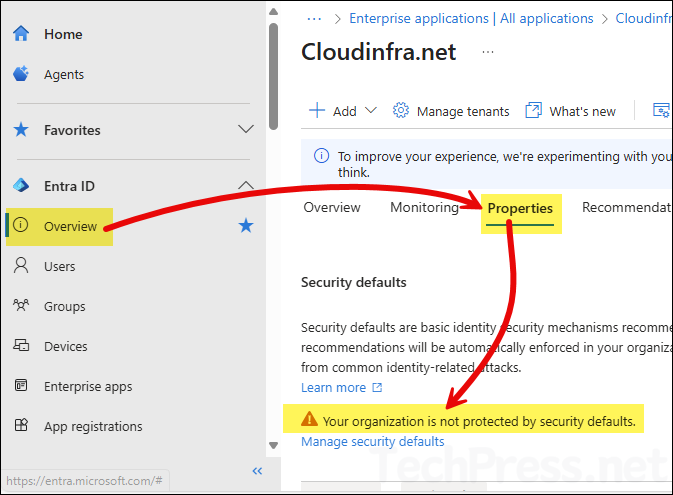 Your organization is not protected by security defaults message