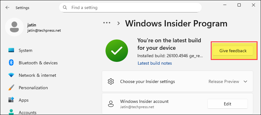 Providing Feedback to Microsoft on Insider Server