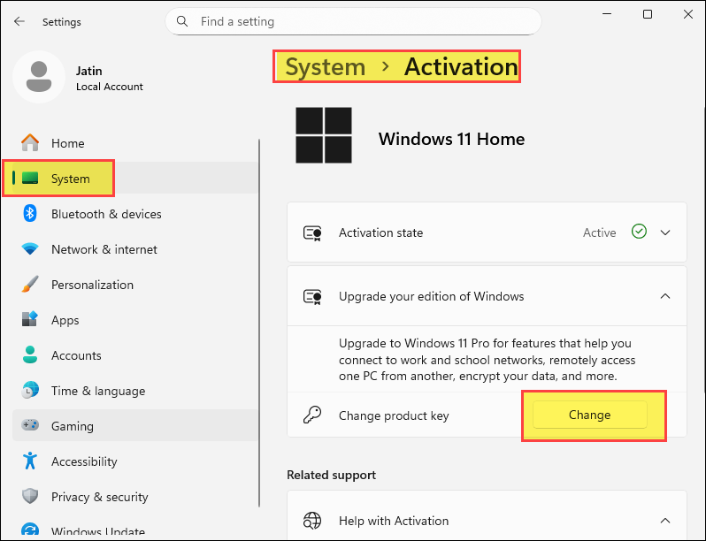 Click Change to change product key