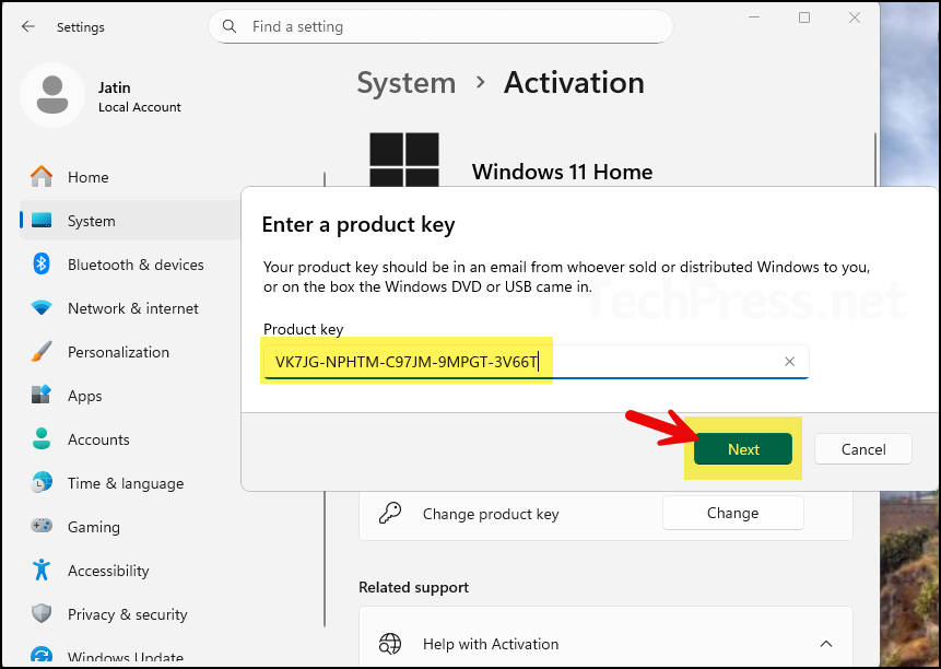 Enter Windows 11 Pro Product key