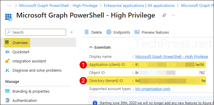copy client ID and tenant ID of App to connect using graph