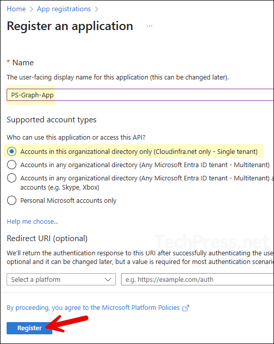 Provide a name for the app registration and select Supported account types