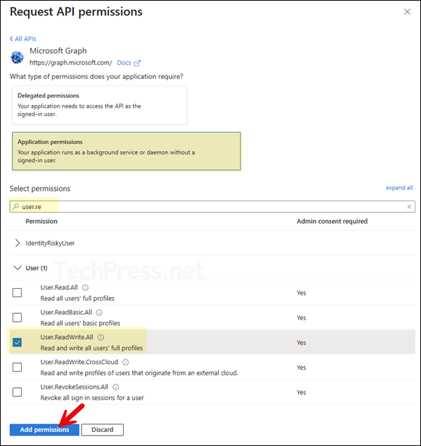 Select Application permissions