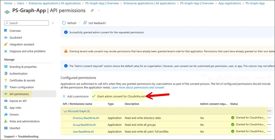 grant admin consent for the API permissions