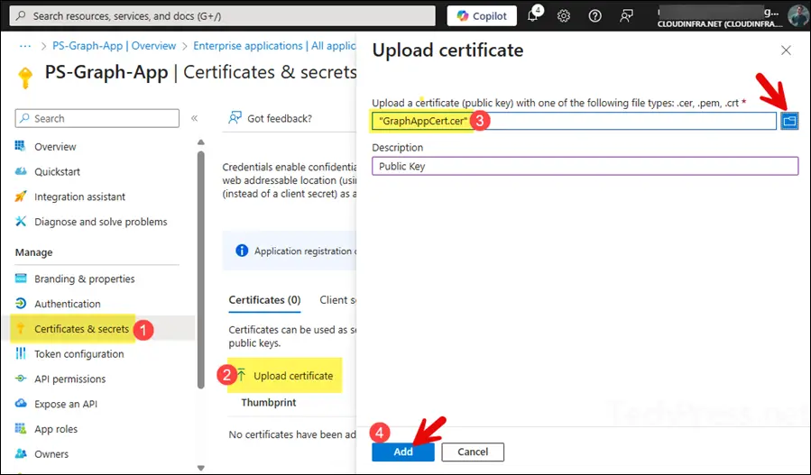Upload certificate to entra app registration