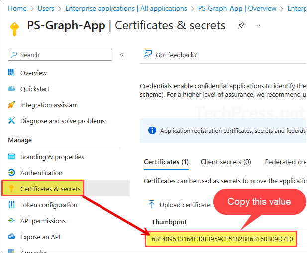 copy certificate thumbprint value