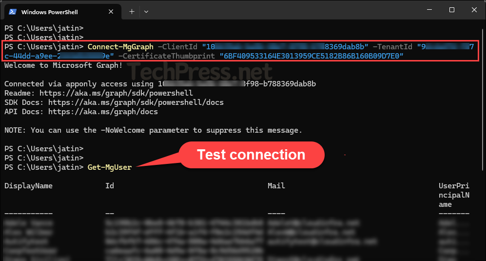 Connect-MgGraph using Certificate Thumbprint