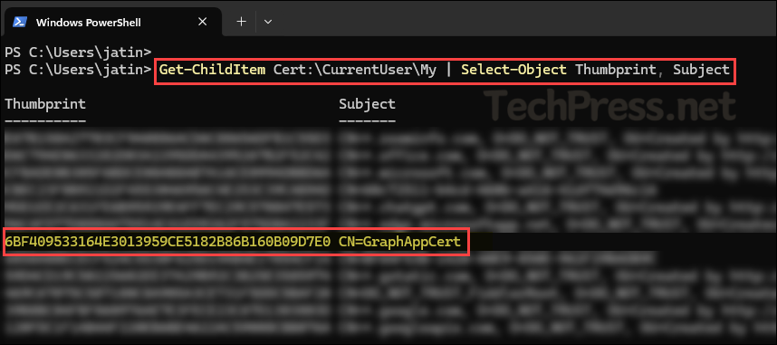 Powershell command to find Subject name of the certificate