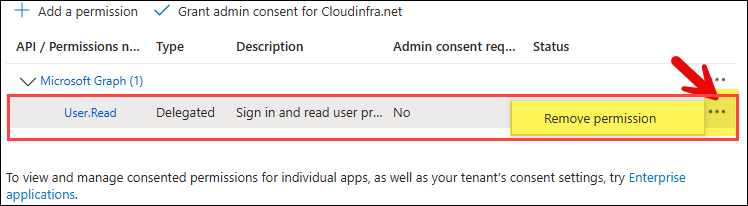 Remove the default User.Read delegated permission. 