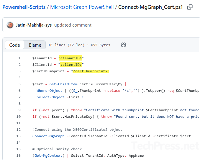 Connect-MgGraph using Certificate itself, Github script