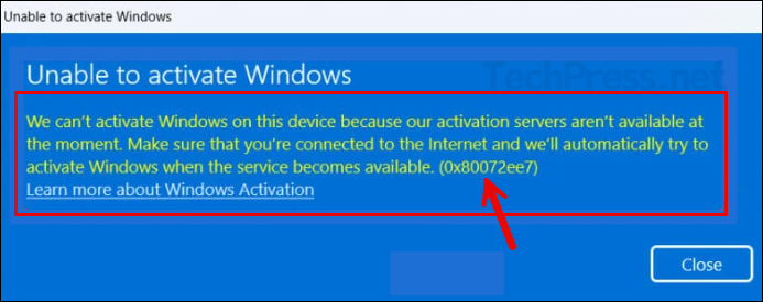 Windows Activation Error 0x80072ee7