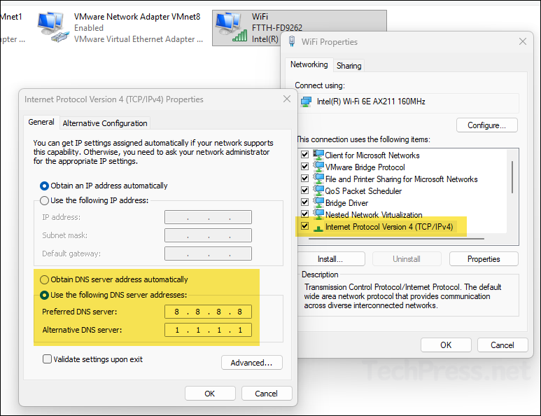 Check DNS Settings on your Computer to fix Error Code 0x80072ee7