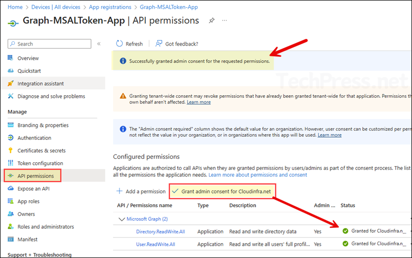 Grant admin consent for the API permissions