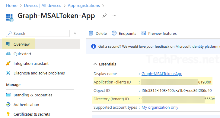 Copy Client ID and Tenant ID