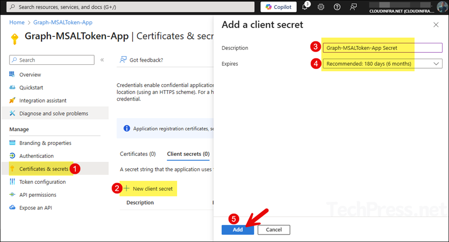 Create client secret for Get-MsalToken
