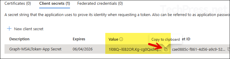 Copy Client Secret for Get-MsalToken