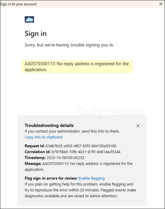 AADSTS500113: No reply address is registered for the application