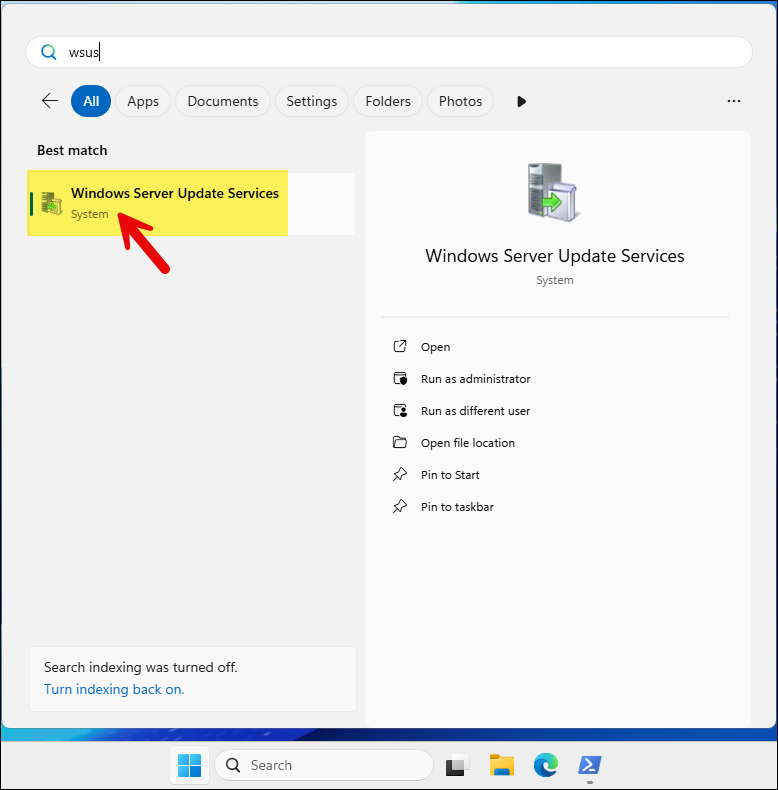 Search for WSUS console in Start menu