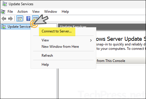 Click connect to server to connect to WSUS server